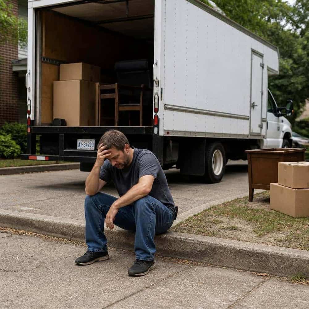 A man taking a break on the curb beside a rented moving truck full of furniture