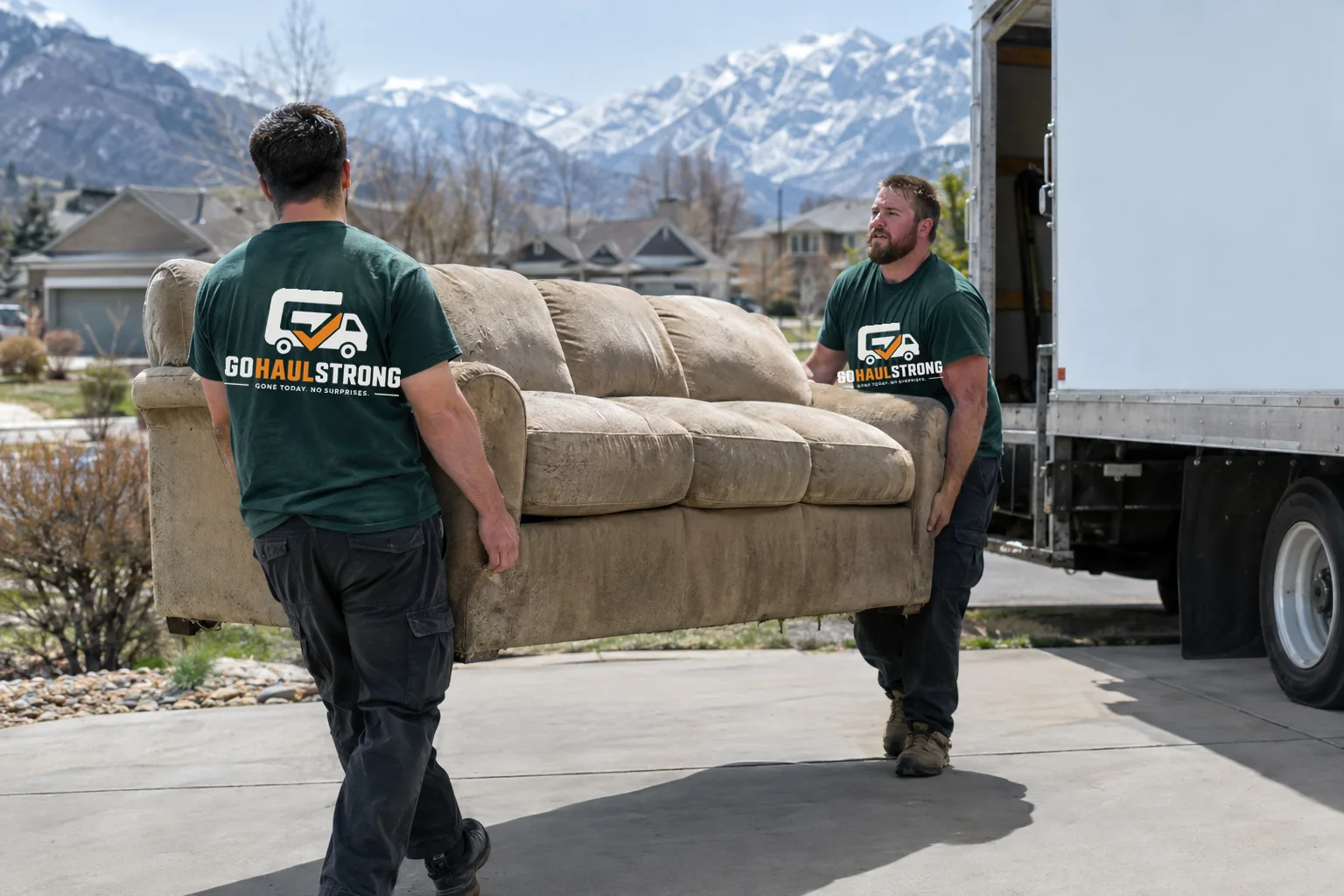 GoHaulStrong junk removal crew loading a couch onto the truck