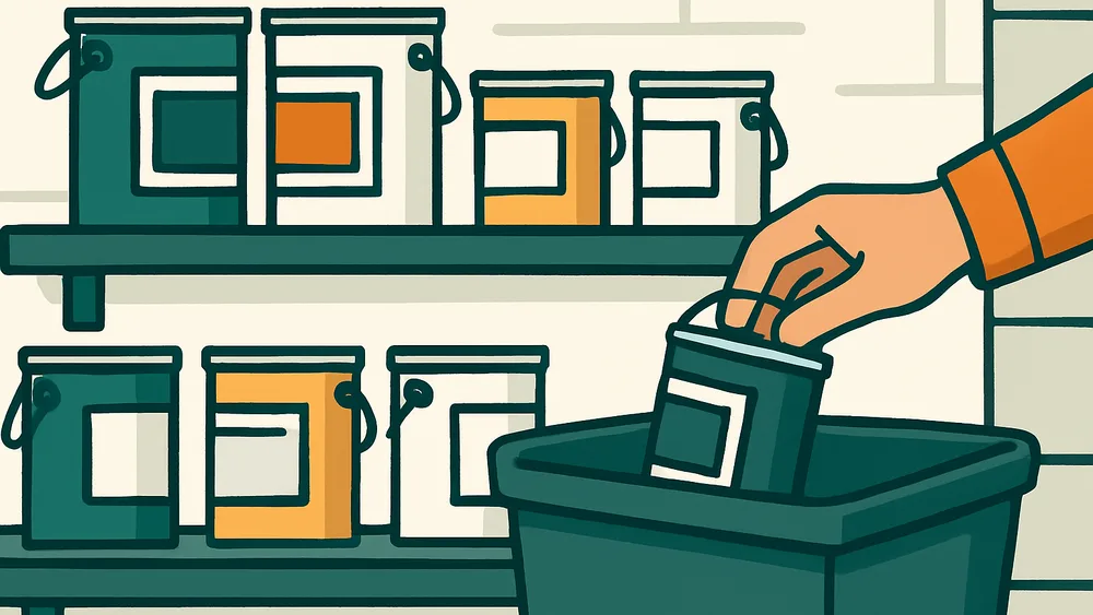 Flat vector illustration of old paint cans on a garage shelf being sorted for safe disposal in Utah