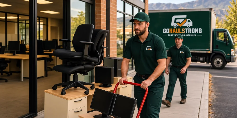 GoHaulStrong truck loading estate furniture from an established home near the Bountiful Temple.