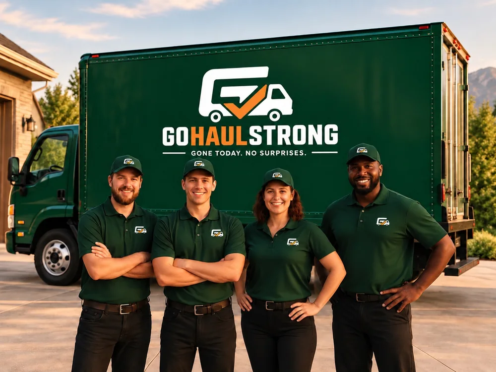The GoHaulStrong junk removal team in front of their branded green truck in Layton, UT