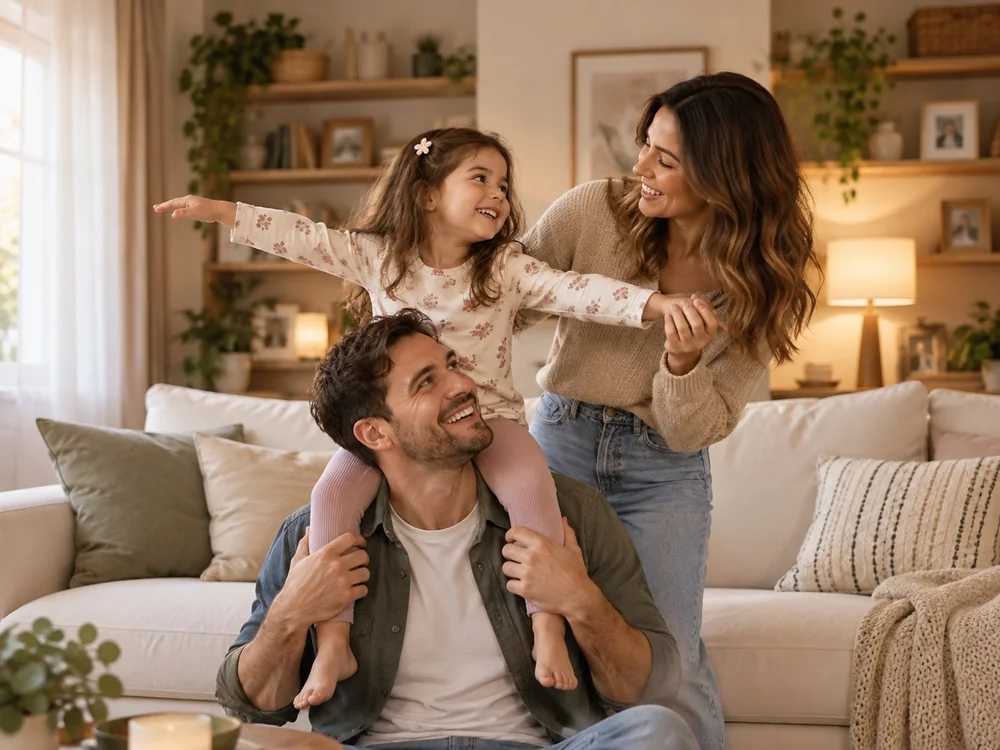 A happy Layton family relaxing at home with more space after GoHaulStrong junk removal