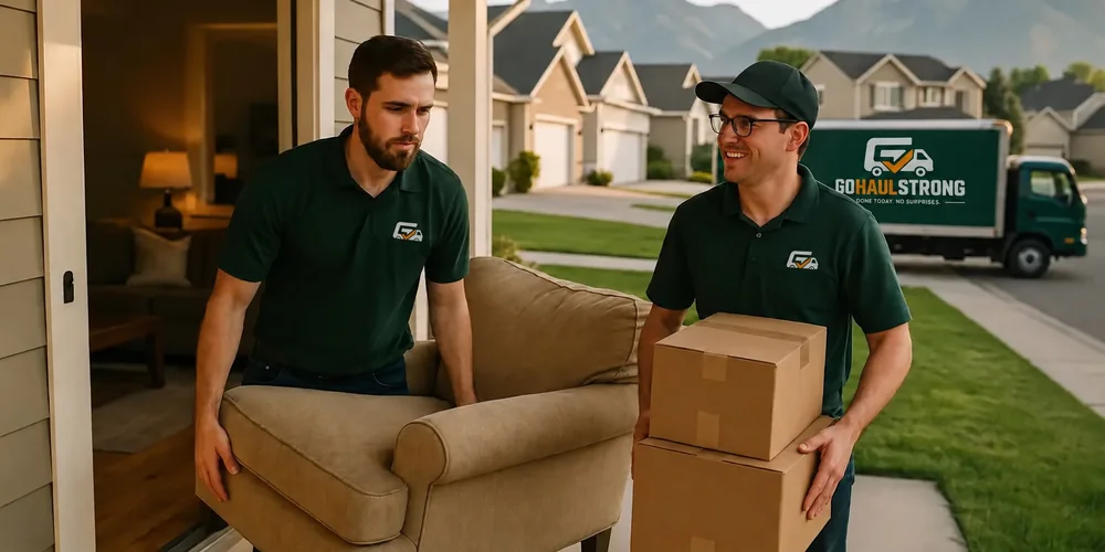 GoHaulStrong crew carrying a couch and boxes out of a Layton, UT home during residential junk removal
