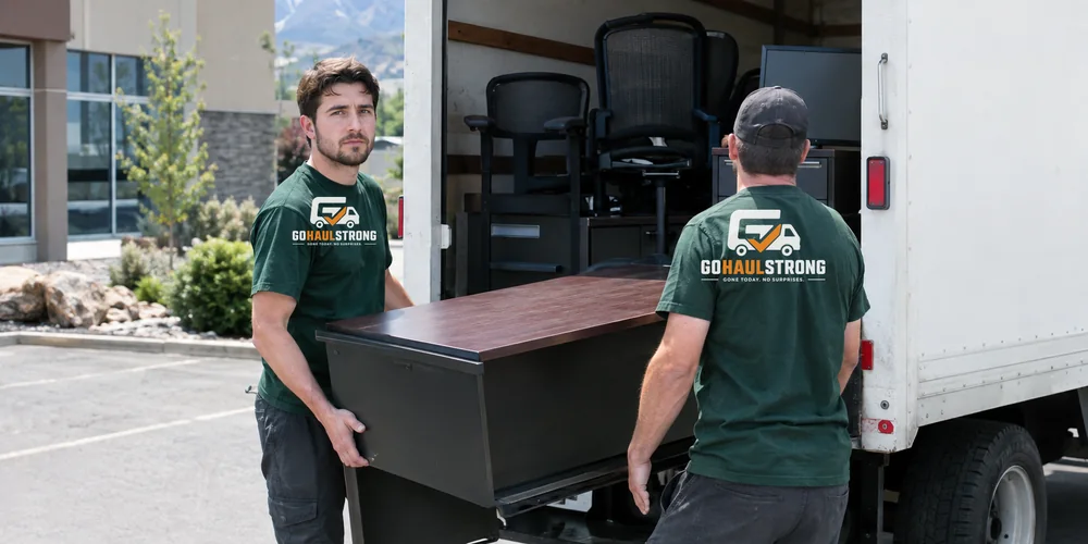 GoHaulStrong crew removing office furniture and equipment from a Utah business during a commercial junk removal