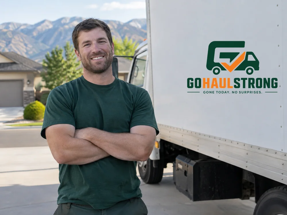Friendly GoHaulStrong junk removal crew member beside a branded green truck in Utah