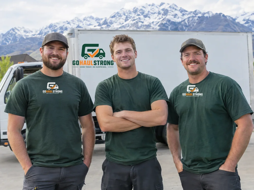 The GoHaulStrong junk removal team in front of their branded green truck in Utah